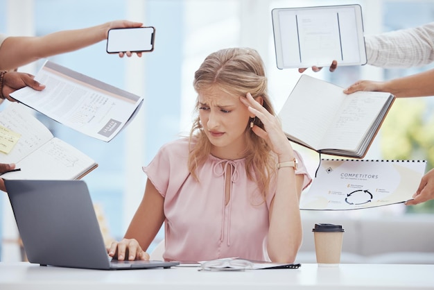 A person looking overwhelmed by a flood of social media notifications and marketing jargon.