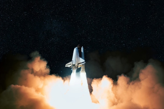 A rocket launching into the sky, symbolizing fast progress and launch.